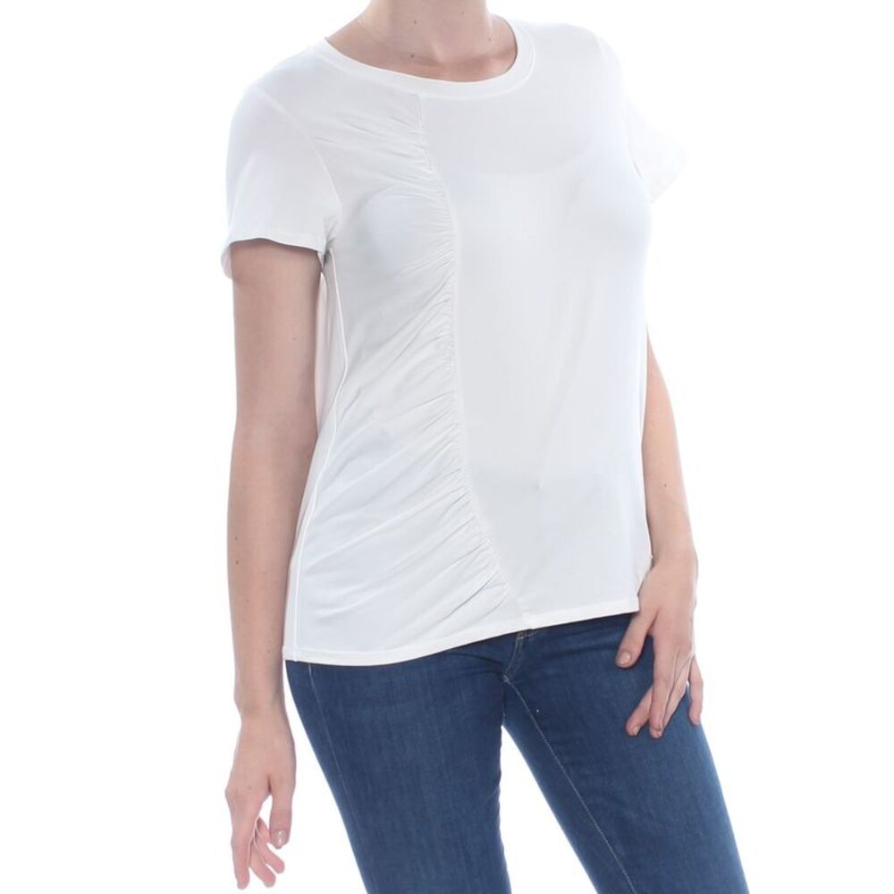 NWT RACHEL ROY Womens Ivory Ruched Amelie Short Sleeve Crew Neck Top M